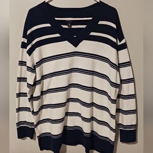 Lands' End Navy and White Cotton V-Neck Sweater